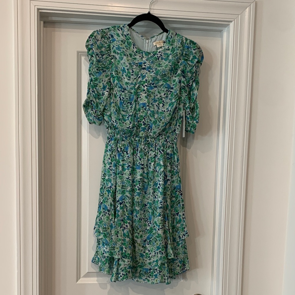 Shoshanna Green and Blue Floral Ruffle Dress NWT